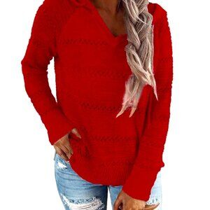 Women's Red V Neck Knit Sweater Hoodie